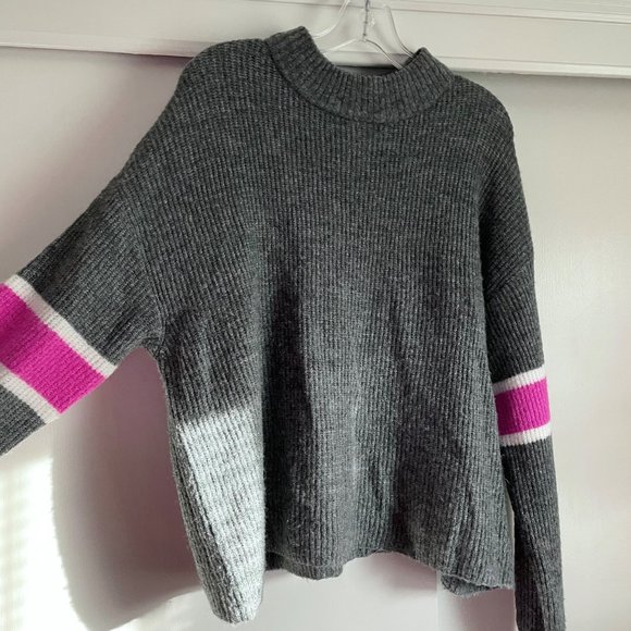 Anthropologie Gray Crewneck Sweater with Pink Sleeve Stripes - Picture 5 of 11